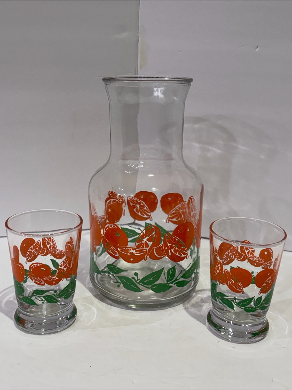 Vintage Libbey Glass Carafe and Tumbler Set Orange and Green Leaf Motif